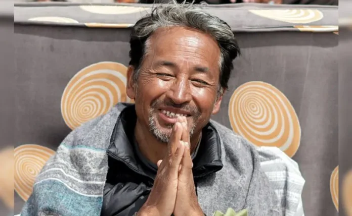 Sonam Wangchuk speaking at a conference on education and climate
