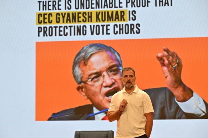Rahul Gandhi addressing the press on voting issues